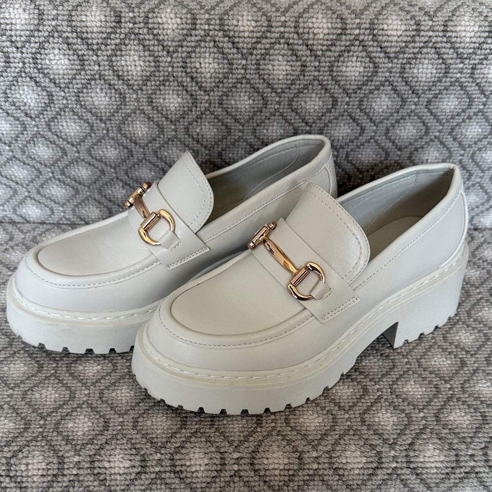 Steve Madden White Platform Loafers with Gold Hardware
